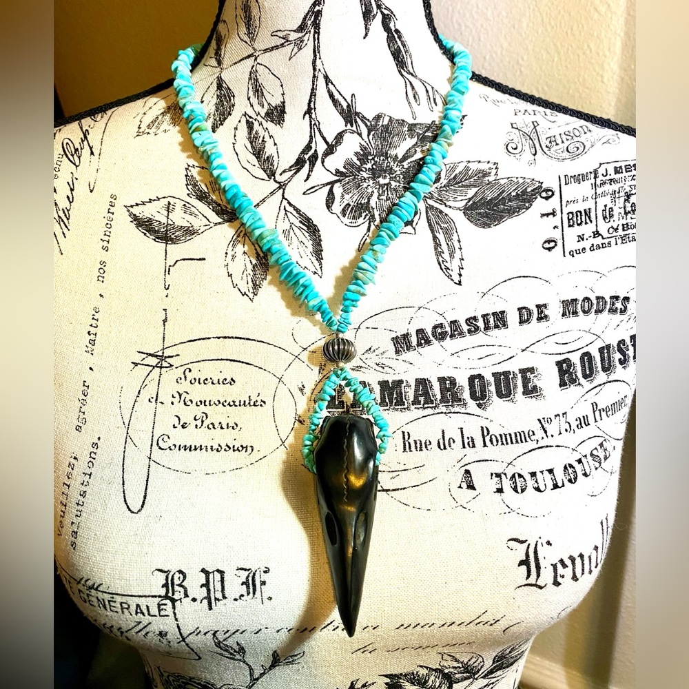 Turquoise with Raven skull Beaded necklace